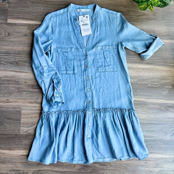 NWT Zara Chambray Button-Down Drop Waist Shirt Dress withRuffle Hem Size XS - Picture 11 of 11